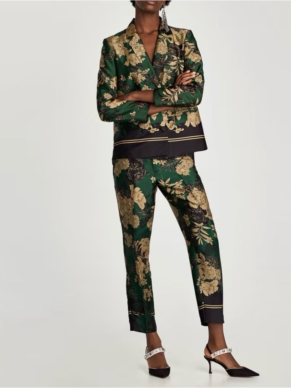 Zara Green and Gold Floral Cropped Satin suit.